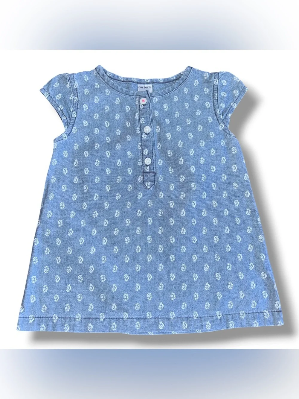 Carter's Light Blue Floral Cap-Sleeve Denim Chambray Tunic shirt size 18 months